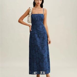 Navy Jacquard Slip Backless Maxi Dress